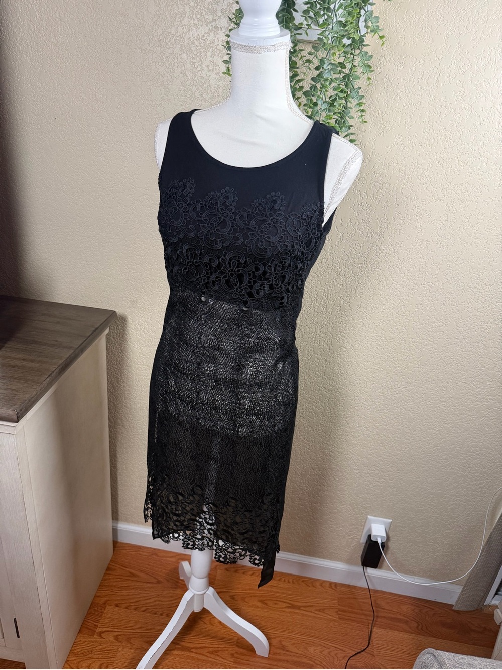 bebe Black Lace Midi Sheath Dress